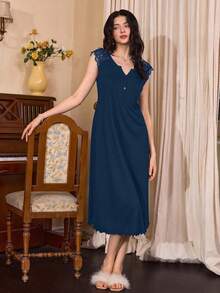 Côtesoire Váy ngủ thường ngày cổ chữ V ren viền giả kiểu Pháp đính nút cho nữ - Màu xanh hải quân - Xem 4