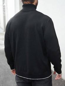 Marvello Homme 大码男士纯色高领长袖休闲毛衣，秋冬 - 黑色 - 查看 2