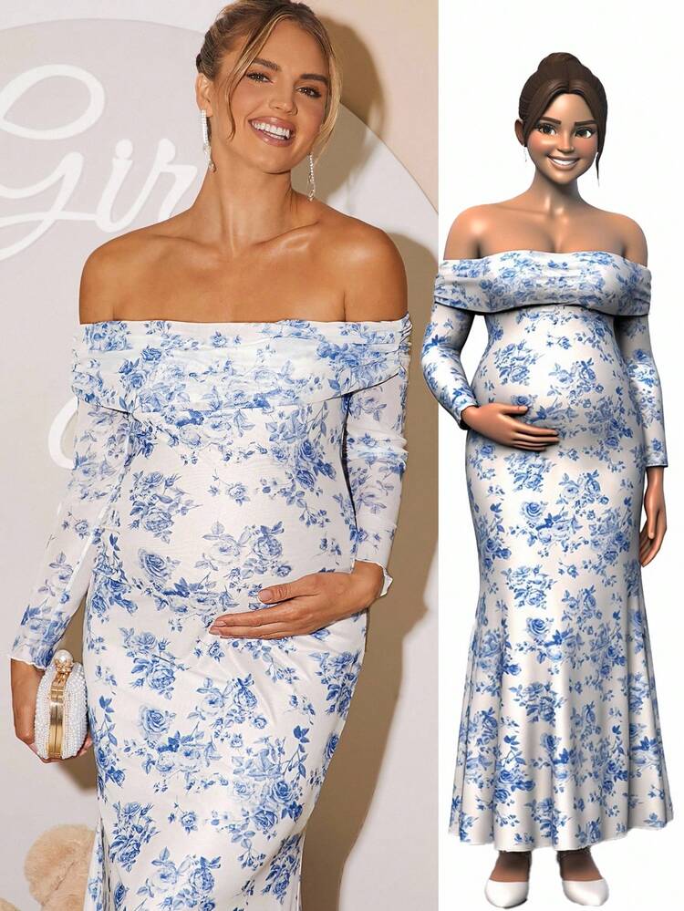 SHEIN Loomaby Floral Print Off-Shoulder Long Sleeve Fitted Elegant Maternity  Dress,Gender Reveal Dress,Maternity Dress,Baby Shower Dress,Blue Maternity  Dress Baby Shower Dress Blue Pregnancy Photoshoot Dress Gender Reveal Maternity  Dress Baby Shower Guest