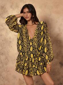 Chiquease Fashionable Sexy Snake Skin Print Ruffle Hem Mini Dress - Multicolor - View 5