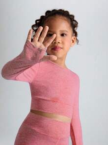 SHEIN Young Girls Fashion Set, Round Neck Long Sleeve Criss-Cross Hollow Back Design Top & Skinny Pants, Suitable For Casual Everyday Wear, All Seasons - Red - View 6