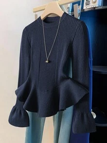 Franclia Áo len tay loe viền bèo nhún màu trơn thanh lịch dành cho người đi làm - Xanh đậm - Xem 1