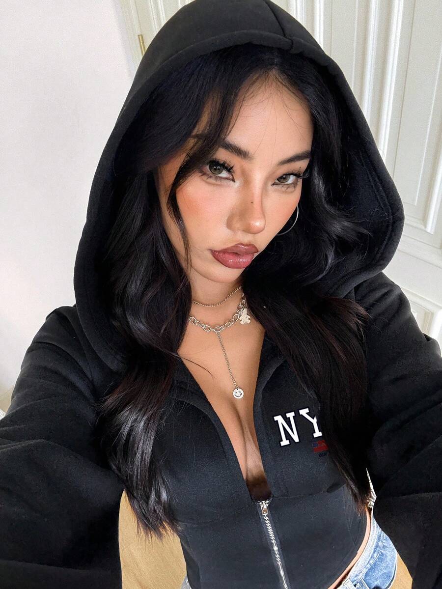SHEIN EZwear 女士纽约市字母印花休闲卫衣，适合秋冬季节，街头风，机场时尚 - 黑色 - 查看 1