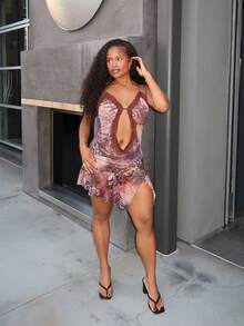 Tyla Gomez Knitted Mesh Cut-Out Back Halter Mini Dress For Women - View 4