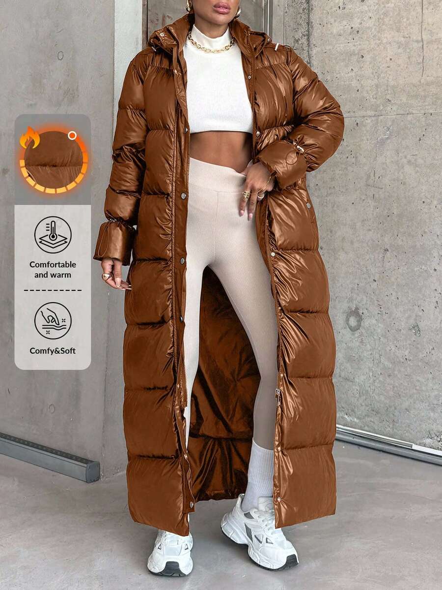 SHEIN Áo khoác phao dài ấm áp có dây rút tay áo thiết kế độc đáo dành cho nữ - màu nâu - Xem 1