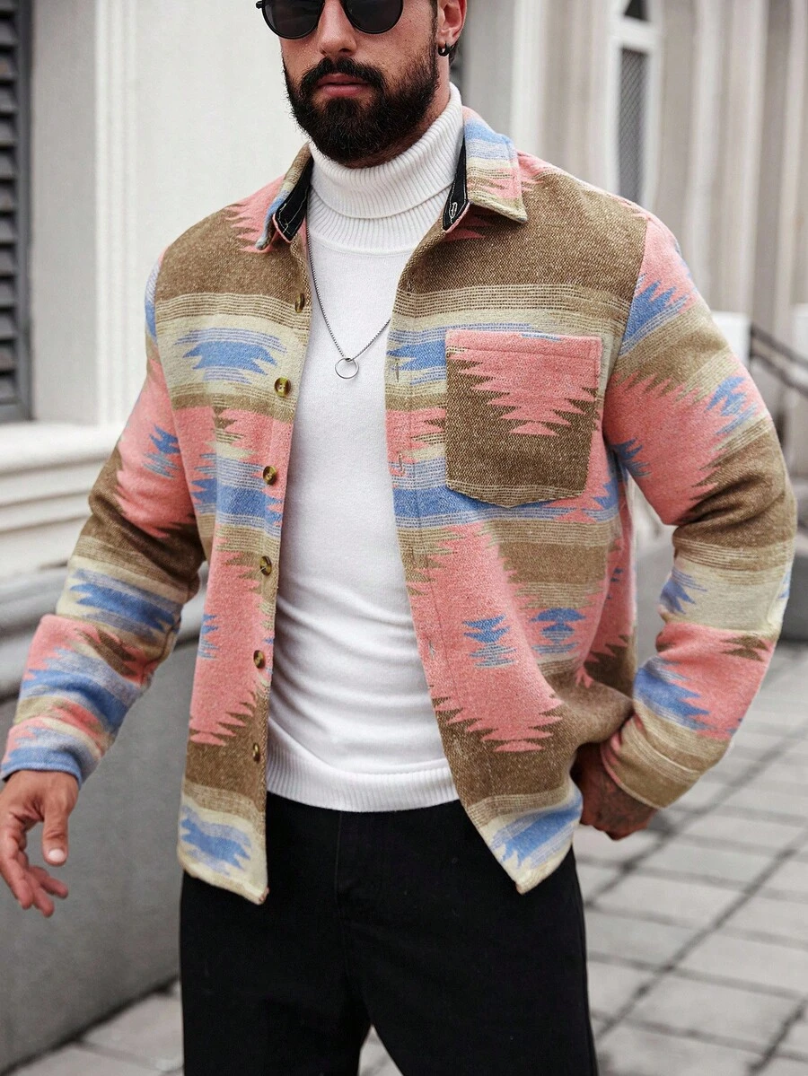 Manfinity Homme 男士几何图案长袖单排扣休闲口袋夹克，秋季 - 彩色 - 查看 1