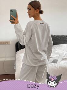 DAZY HELLO KITTY AND FRIENDS | SHEIN 女士休闲卡通图案插肩袖宽松上衣和裤子家居服套装，春秋季，舒适保暖，秋冬服装 - 淺灰色 - 查看 2