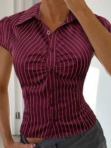 Siren Gaze 女士休闲通勤条纹修身衬衫，夏季 - 酒紅色 - 查看 7