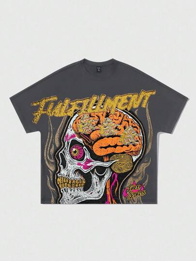 Goth تي شيرت كاجوال بياقة دائرية وأكمام قصيرة مع رسومات حرف وجمجمة للرجال