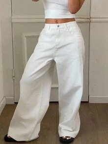 Livesso 女士破洞阔腿牛仔裤 - 白色 - 查看 4