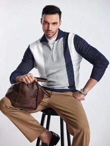 Manfinity CityGents كنزة صوفية كاجوال طويلة الأكمام مزركشة بالخطوط، خريف/شتاء