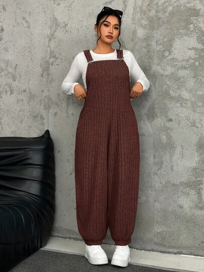 SHEIN EZwear 大码灰色弹力羊毛罗纹背带裤，秋冬