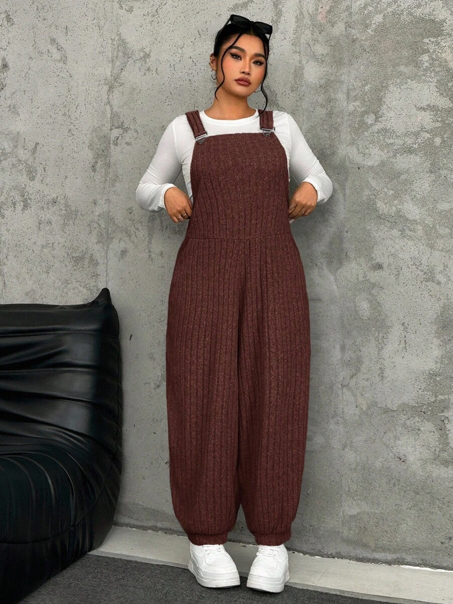 SHEIN EZwear 大码灰色弹力羊毛罗纹背带裤，秋冬 - 棕色 - 查看 1