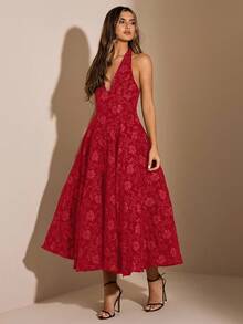 SHEIN BAE 秋冬棕色花卉纹理高领紧身连衣裙，适合约会、夜晚外出、派对、生日、优雅连衣裙、咖啡色连衣裙、生日连衣裙、节日连衣裙 - 紅色 - 查看 4
