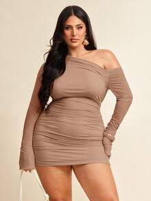 SHEIN BAE Đầm ôm sát tay dài cổ lệch màu đen cỡ lớn dành cho nữ, gợi cảm và phù hợp cho các dịp thường ngày, đi chơi, hẹn hò, trà chiều, nghỉ mát, xuân/hè, trở lại trường học, đi làm - Màu Khaki - Xem 3