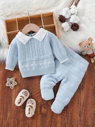 2pcs Baby Boys/Girls Knitted Sweater And Pants Set, Crew Neck Long Sleeve Pullover With Twist Rope Design, Fashionable, Versatile For Daily Wear, Casual, Homewear, Outdoor, Travel, Blue & Light Blue Fall Winter