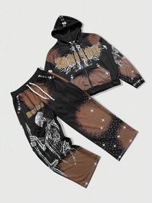 ROMWE MEN Men's Gothic Skeleton & Cross Print Zip-Up Hoodie Set With Sweatpants, Suitable For Autumn/Winter - Multicolor - View 6