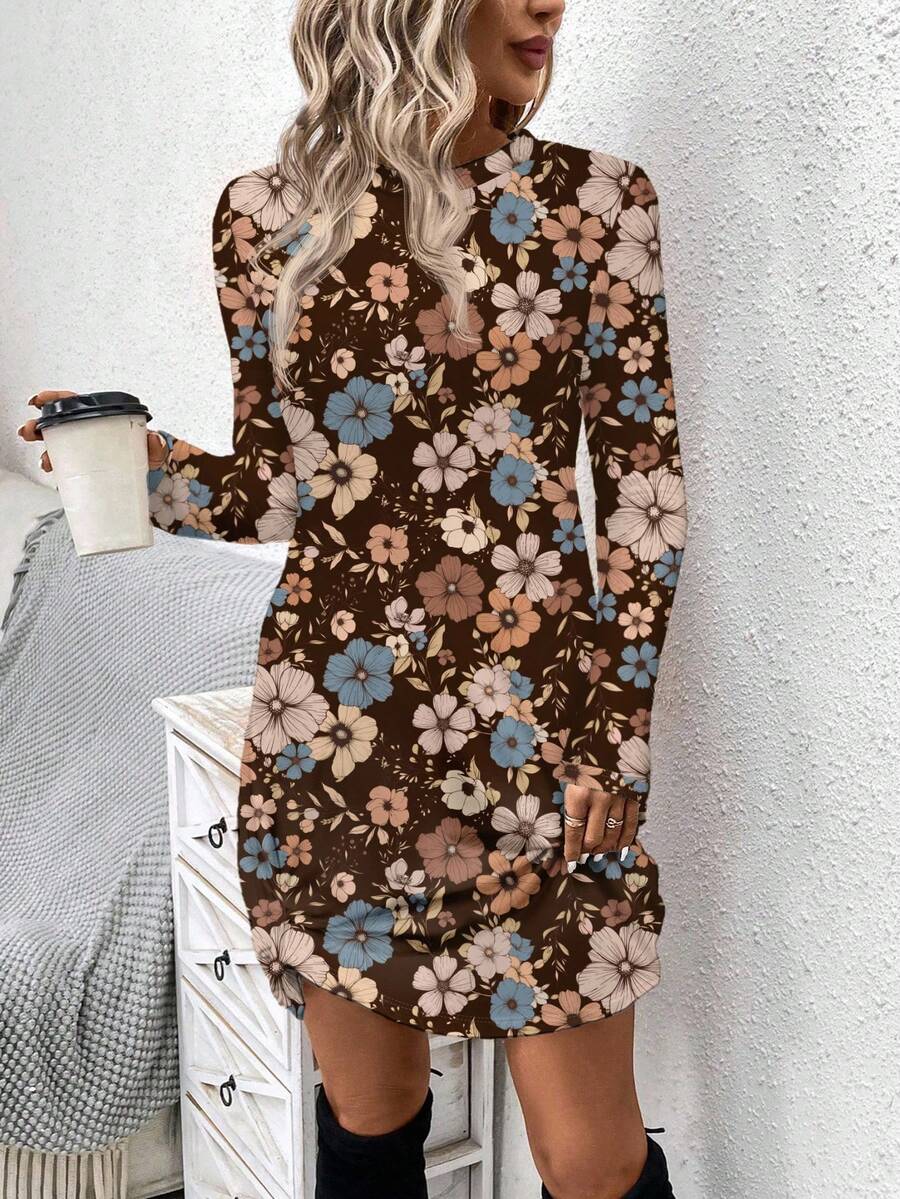 SHEIN LUNE Women's Casual Retro Floral Pattern Round Neck Long Sleeve Dress, Suitable For Spring And Autumn Outings Coffee Brown Dress - Multicolor - View 1