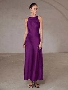 Aveloria Modichic Váy không tay dáng chữ A bằng vải acetate satin hai mặt, viền bất đối xứng, tối giản, thanh lịch dành cho nữ - Màu đỏ tím - Xem 3