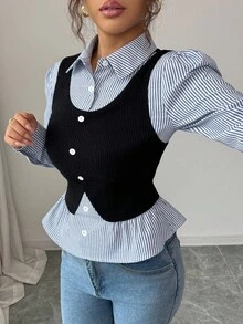 SHEIN Elenzya 女士蓝色罗纹拼接毛绒罗纹面料V领收腰设计优雅教师上衣，精致风格，适合独立日和秋季穿着 - 藍白色 - 查看 3
