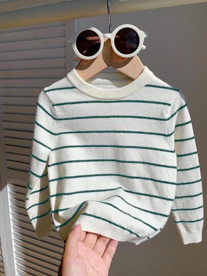 SHEIN كنزة صوفية بياقة طاقم وأكمام طويلة مرنة ذات خطوط سوداء وبيضاء مناسبة للأطفال، مناسبة للروضة