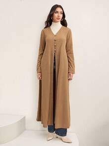 Veilorie Metal Buckle Bell Sleeve Long Sleeve Textured Jacquard Minimalist Casual Long Abayas For Women - Khaki - View 3