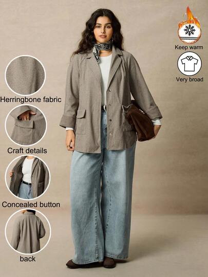 Juhart 大码女式梭织常规秋冬人字纹简约时尚长袖棕色外套