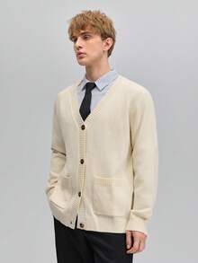 OFFICEAU Men's Old Money V Neck Knit Cardigan, Solid Apricot And Dual Pocket, Fall/Winter - Apricot - View 1