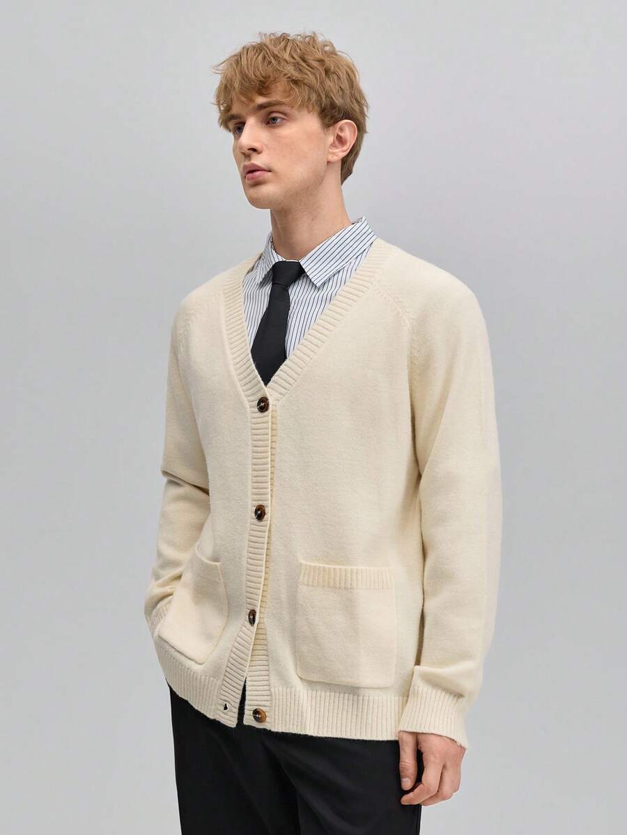 OFFICEAU Men's Old Money V Neck Knit Cardigan, Solid Apricot And Dual Pocket, Fall/Winter - Apricot - View 1