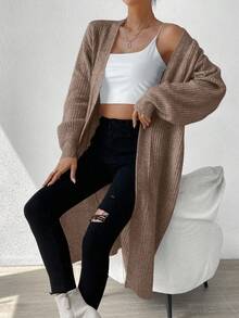 EMERY ROSE Women's Brown V-Neck Ribbed Lantern Sleeve Wool Blend Cardigan - Brown - View 3