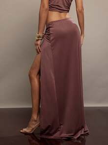 Hauture Falda larga elegante y sexy con abertura alta, decoración de metal y drapeado para mujer, ideal para fiestas y salir - Marrón - Ver 5