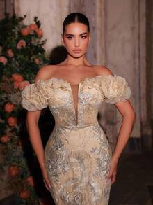 Glamrae Elegant Light Blue Luxurious Fully Beaded Embroidered Off-Shoulder Mesh Ruffle Nude Lining Sheer Mermaid Maxi Dress With Adjustable Back Tie, Suitable For Dates, Vacations, Parties, Weddings, Formal Events - Champagne - View 4