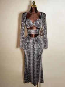 Mistrie 2 件套：时尚性感蛇皮印花镂空短款上衣和超长裙 - 彩色 - 查看 1