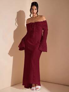 SHEIN BAE 女士优雅露肩白色蕾丝长袖超长美人鱼裙，适合婚礼、派对、伴娘服、白色毕业礼服 - 酒紅色 - 查看 5