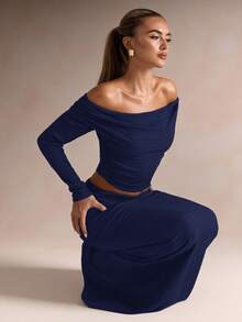 SHEIN BAE Bộ áo trễ vai màu trơn dự tiệc thanh lịch và chân váy đuôi cá - Màu xanh hải quân - Xem 8