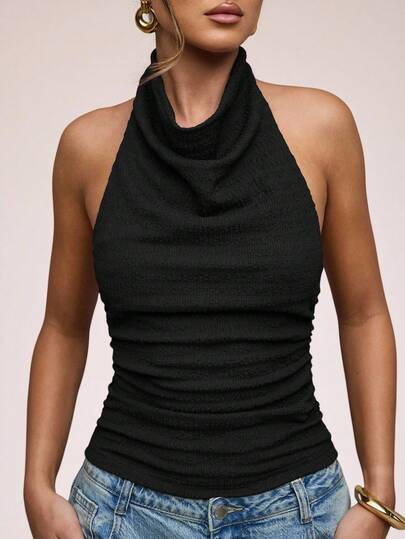 SHEIN BAE Women's Solid Color Plunging Neckline Backless Fashion Halter Camisole,Black Tops