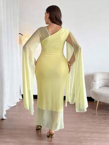 Firerie 女士纯色针织网眼褶皱斗篷袖紧身鸡尾酒会连衣裙 - 黃色 - 查看 2