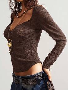 Bohemela 休闲针织蕾丝鸡心领长袖修身女上衣 - 棕色 - 查看 6