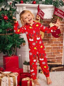 Macacão de manga comprida com capuz e estampa gráfica de Natal minimalista vermelho para menino