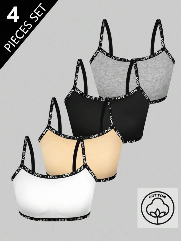 Conjunto de 4 piezas para niña preadolescente con bralette con gráfico de letras y ribete de contraste - Multicolor - Añade 3