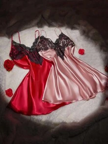 SHEIN 2 件套女士性感深 V 睡袍，撞色蕾丝缎面加大码睡衣 - 彩色 - 查看 7