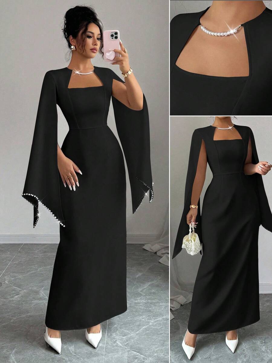Elenzga Váy suông thẳng cổ vuông thanh lịch dành cho nữ, thắt eo, đính chuỗi ngọc trai ở cổ tay áo, thích hợp cho đám cưới, tiệc tùng, lễ hội âm nhạc - màu đen - Xem 1