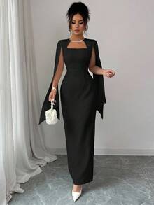 Elenzga Váy suông thẳng cổ vuông thanh lịch dành cho nữ, thắt eo, đính chuỗi ngọc trai ở cổ tay áo, thích hợp cho đám cưới, tiệc tùng, lễ hội âm nhạc - màu đen - Xem 5