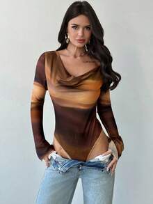 Firerie Women's New Elegant Minimalist Daily Casual Commute Versatile Brown Tie Dye Print Asymmetric Collar Long Sleeve Fitted Bodysuit, Autumn Fashion, Going Out Tops For Women, Airport Outfit For Women - Multicolor - View 3