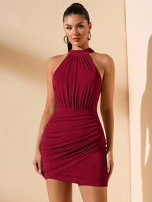 SHEIN BAE 杏色和卡其色简约优雅吊带无袖镂空后背性感紧身褶皱迷你连衣裙，适合鸡尾酒会、浪漫约会、秋冬季分层穿着、派对、正式活动、夜间外出、婚礼宾客礼服、万圣节、圣诞节 - 酒紅色 - 查看 3