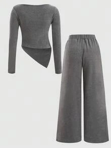 SHEIN Girlism 少女灰色毛绒针织罗纹长袖T恤和阔腿裤套装 - 灰色 - 查看 2