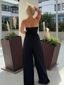 Siren Gaze Women's Solid Color Off-The-Shoulder Metal Button Ruched Elegant Jumpsuit, Sexy Elegant Commuter Wide-Leg Pants, Spring/Summer Clothing, Commuting, Elegant, Sexy, Music Festivals, Romantic, Dating, Parties, Wedding Season, Graduation Outfit, Graduation Prom, Performance Costume, Concert, Work Attire