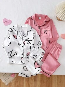 Genkimix Kids 2件套幼儿女童蝴蝶结刺绣和心形印花撞色饰边长袖上衣和裤子睡衣套装