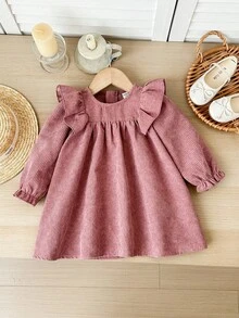 SHEIN Baby Girl Cute Corduroy Loose Ruffled Hem Pink Long Sleeve Dress Fall Winter - Pink - View 4