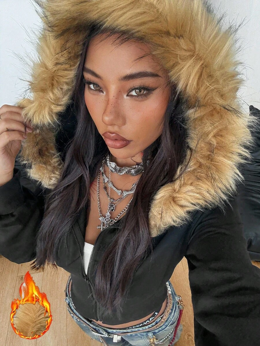 Coolane 女士秋冬音乐会狂欢节外出文艺复兴博览会俱乐部 Y2K 黑色毛领黑色连帽衫 - 黑色 - 查看 1